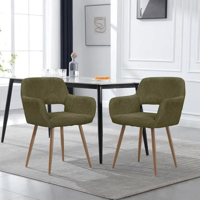 Alt view image 2 of 7 - Small Modern Dining Room Arm Chairs Set of 4, Mid-Century Upholstered Corduroy Fabric Side Seat Club Guest with Metal Tube Legs for Kitchen, Living Room, Green