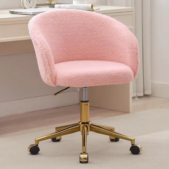 Alt view image 2 of 7 - Faux Fur Office Desk Chair, Comfy Fluffy Swivel Modern Leisure Armchair with Wheels, Upholstered Comfy Fuzzy Vanity Makeup Chair Height Adjustable for Teens Women Girls Elegant Home Office(Pink)