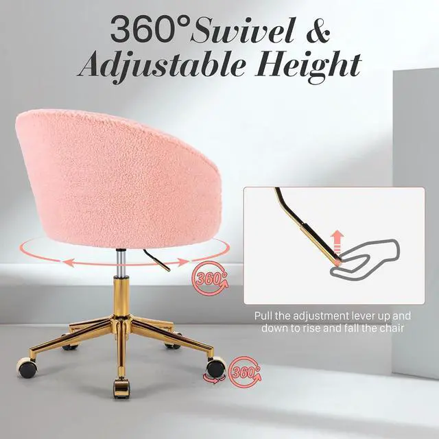 Alt view image 4 of 7 - Faux Fur Office Desk Chair, Comfy Fluffy Swivel Modern Leisure Armchair with Wheels, Upholstered Comfy Fuzzy Vanity Makeup Chair Height Adjustable for Teens Women Girls Elegant Home Office(Pink)