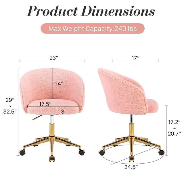 Alt view image 3 of 7 - Faux Fur Office Desk Chair, Comfy Fluffy Swivel Modern Leisure Armchair with Wheels, Upholstered Comfy Fuzzy Vanity Makeup Chair Height Adjustable for Teens Women Girls Elegant Home Office(Pink)