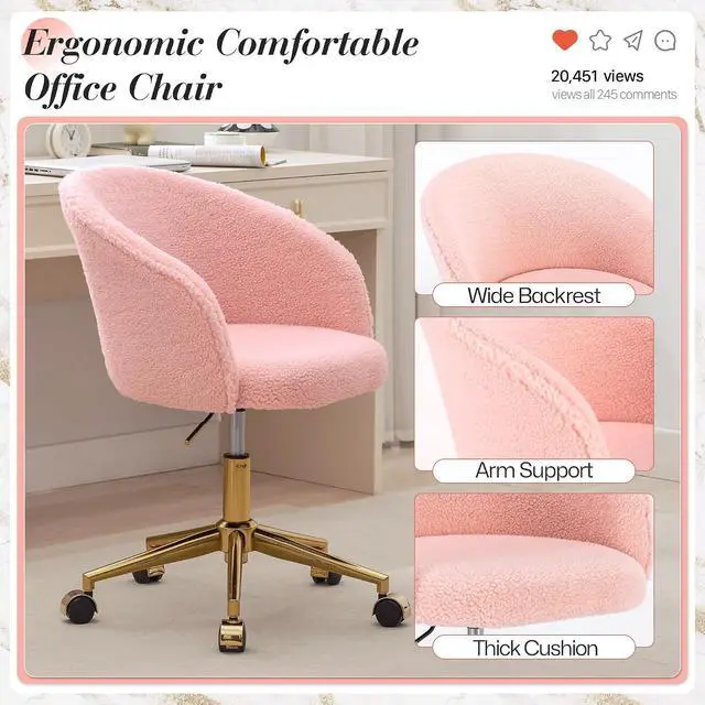 Alt view image 5 of 7 - Faux Fur Office Desk Chair, Comfy Fluffy Swivel Modern Leisure Armchair with Wheels, Upholstered Comfy Fuzzy Vanity Makeup Chair Height Adjustable for Teens Women Girls Elegant Home Office(Pink)