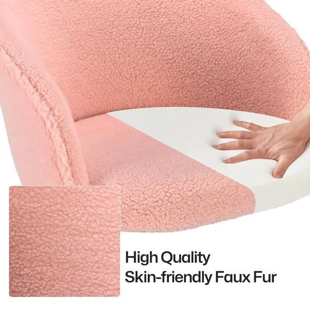 Alt view image 6 of 7 - Faux Fur Office Desk Chair, Comfy Fluffy Swivel Modern Leisure Armchair with Wheels, Upholstered Comfy Fuzzy Vanity Makeup Chair Height Adjustable for Teens Women Girls Elegant Home Office(Pink)