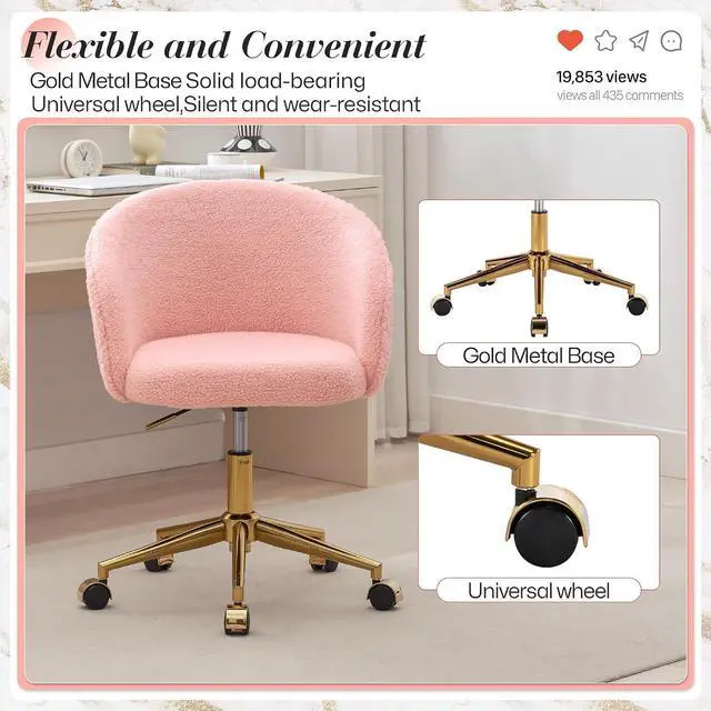 Alt view image 7 of 7 - Faux Fur Office Desk Chair, Comfy Fluffy Swivel Modern Leisure Armchair with Wheels, Upholstered Comfy Fuzzy Vanity Makeup Chair Height Adjustable for Teens Women Girls Elegant Home Office(Pink)