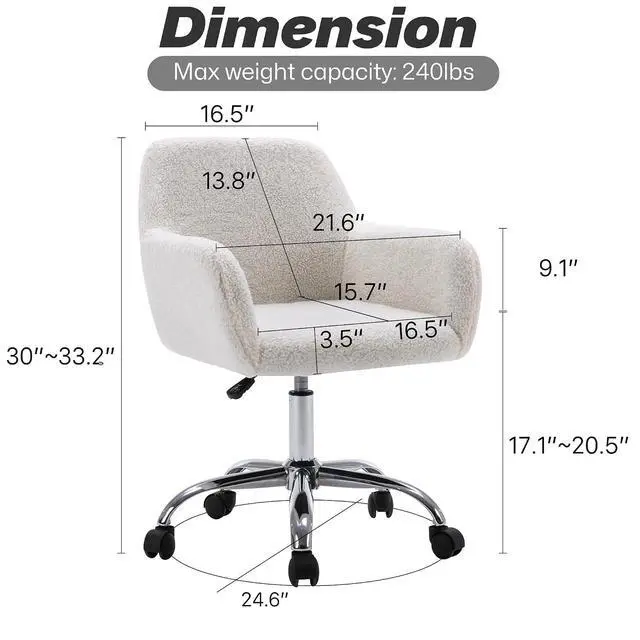 Alt view image 3 of 7 - Faux Fur Vanity Makeup Desk Chair, Comfy Fluffy Swivel Modern Leisure Armchair with Wheels, Upholstered Fuzzy Height Adjustable for Teens Women Girls Elegant Home Office