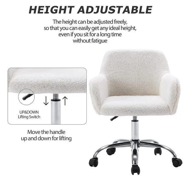 Alt view image 4 of 7 - Faux Fur Vanity Makeup Desk Chair, Comfy Fluffy Swivel Modern Leisure Armchair with Wheels, Upholstered Fuzzy Height Adjustable for Teens Women Girls Elegant Home Office