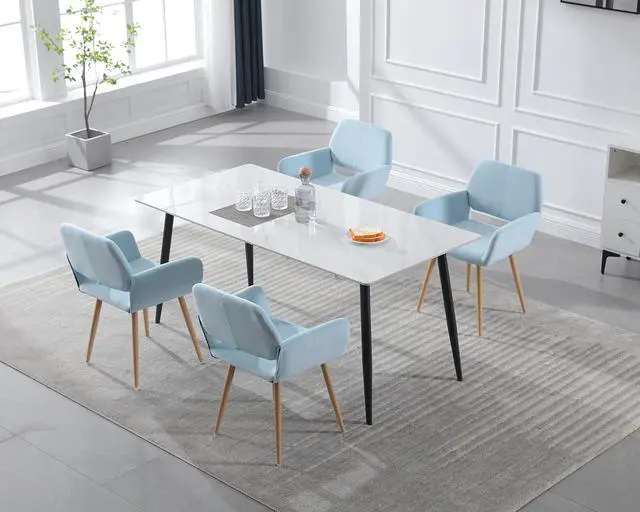 Alt view image 4 of 7 - Small Modern Dining Room Arm Chairs Set of 2, Mid-Century Upholstered Velvet Side Seat Club Guest with Metal Tube Legs for Kitchen, Living Room, Blue