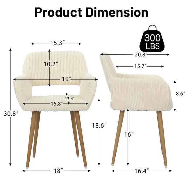 Alt view image 3 of 7 - Small Modern Dining Room Arm Chairs 1 Piece, Mid-Century Upholstered Corduroy Fabric Side Seat Club Guest with Metal Tube Legs for Kitchen, Living Room, Beige