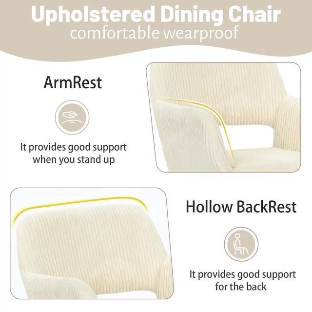 Alt view image 4 of 7 - Small Modern Dining Room Arm Chairs 1 Piece, Mid-Century Upholstered Corduroy Fabric Side Seat Club Guest with Metal Tube Legs for Kitchen, Living Room, Beige