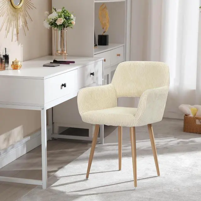 Alt view image 2 of 7 - Small Modern Dining Room Arm Chairs 1 Piece, Mid-Century Upholstered Corduroy Fabric Side Seat Club Guest with Metal Tube Legs for Kitchen, Living Room, Beige
