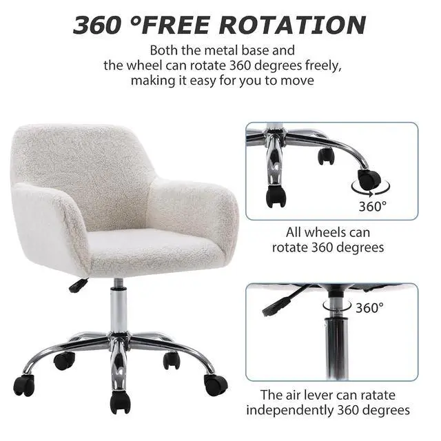 Alt view image 5 of 7 - Faux Fur Vanity Makeup Desk Chair, Comfy Fluffy Swivel Modern Leisure Armchair with Wheels, Upholstered Fuzzy Height Adjustable for Teens Women Girls Elegant Home Office