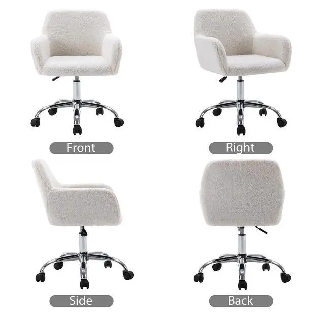 Alt view image 7 of 7 - Faux Fur Vanity Makeup Desk Chair, Comfy Fluffy Swivel Modern Leisure Armchair with Wheels, Upholstered Fuzzy Height Adjustable for Teens Women Girls Elegant Home Office