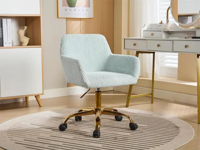 Main image of Corduroy Fabric Vanity Makeup Desk Chair, Fluffy Swivel Modern Armchair with Wheels, Upholstered Fuzzy Height Adjustable for Girls Home Office, Blue