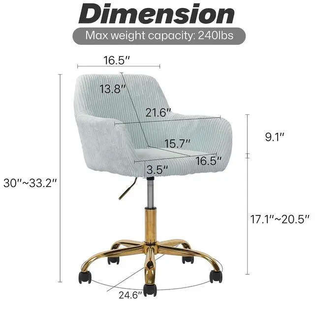 Alt view image 2 of 7 - Corduroy Fabric Vanity Makeup Desk Chair, Fluffy Swivel Modern Armchair with Wheels, Upholstered Fuzzy Height Adjustable for Girls Home Office, Blue