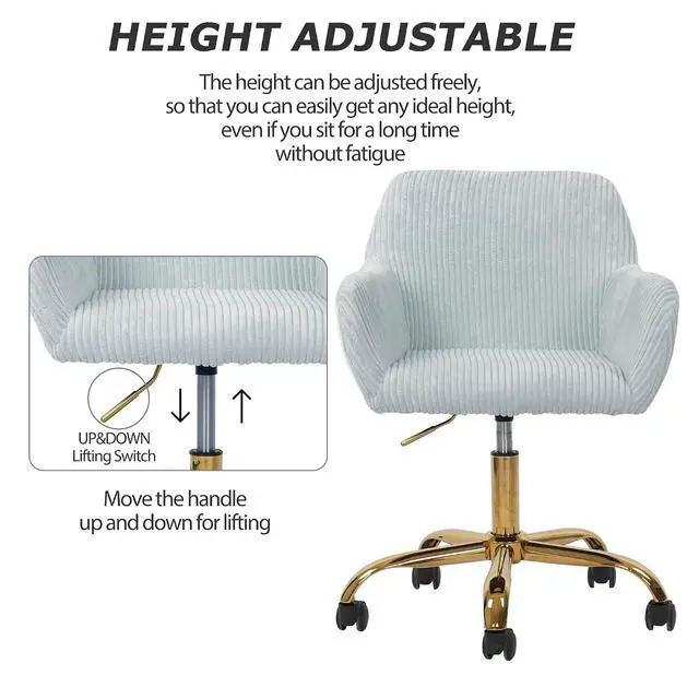 Alt view image 3 of 7 - Corduroy Fabric Vanity Makeup Desk Chair, Fluffy Swivel Modern Armchair with Wheels, Upholstered Fuzzy Height Adjustable for Girls Home Office, Blue