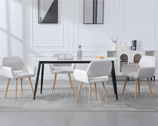 Alt view image 4 of 7 - Small Modern Dining Room Arm Chairs Set of 2, Mid-Century Upholstered Velvet Side Seat Club Guest with Metal Tube Legs for Kitchen, Living Room, Beige