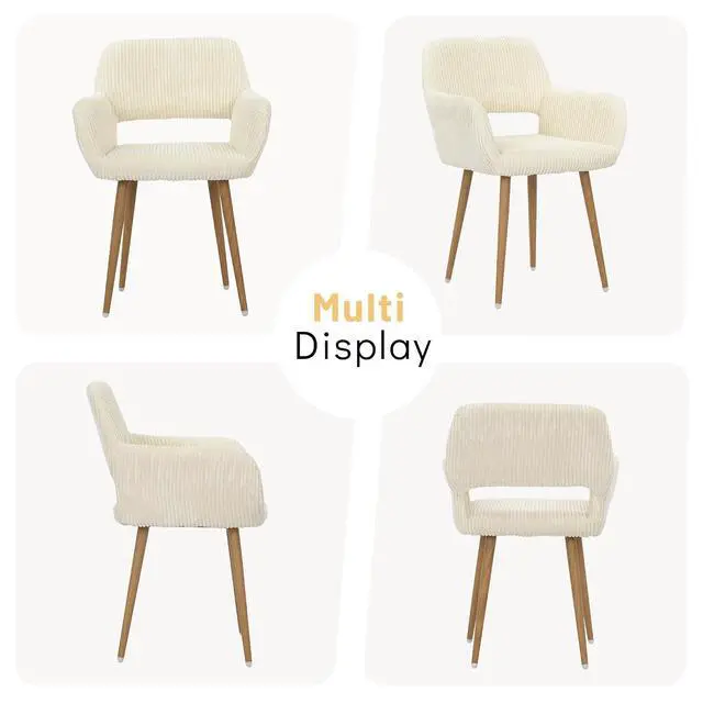 Alt view image 7 of 7 - Small Modern Dining Room Arm Chairs 1 Piece, Mid-Century Upholstered Corduroy Fabric Side Seat Club Guest with Metal Tube Legs for Kitchen, Living Room, Beige
