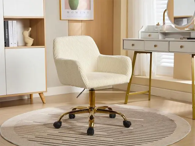 Main image of Corduroy Fabric Vanity Makeup Desk Chair, Fluffy Swivel Modern Armchair with Wheels, Upholstered Fuzzy Height Adjustable for Girls Home Office, Beige