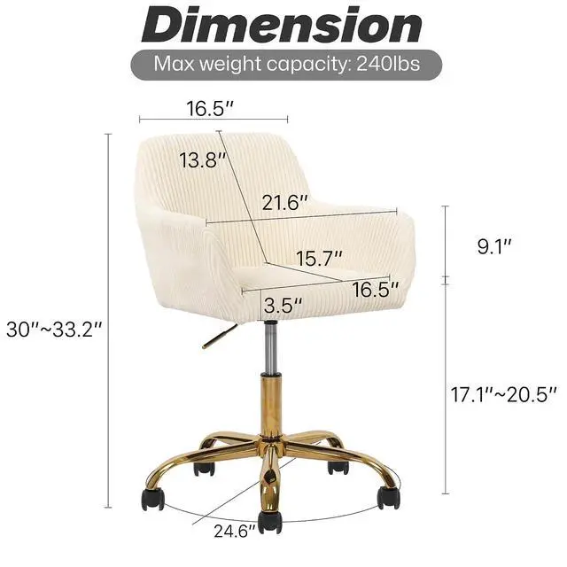 Alt view image 2 of 7 - Corduroy Fabric Vanity Makeup Desk Chair, Fluffy Swivel Modern Armchair with Wheels, Upholstered Fuzzy Height Adjustable for Girls Home Office, Beige