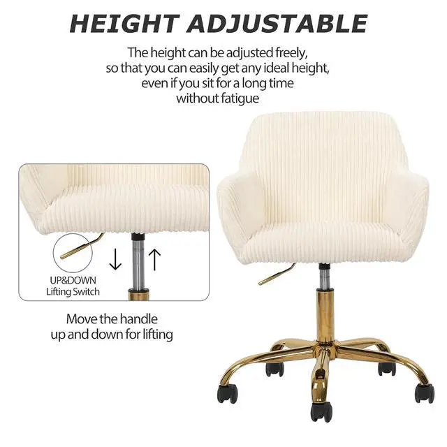Alt view image 3 of 7 - Corduroy Fabric Vanity Makeup Desk Chair, Fluffy Swivel Modern Armchair with Wheels, Upholstered Fuzzy Height Adjustable for Girls Home Office, Beige