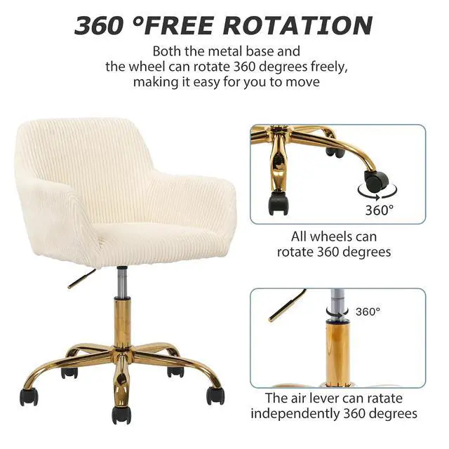 Alt view image 4 of 7 - Corduroy Fabric Vanity Makeup Desk Chair, Fluffy Swivel Modern Armchair with Wheels, Upholstered Fuzzy Height Adjustable for Girls Home Office, Beige