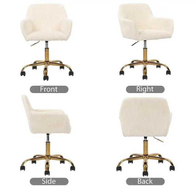 Alt view image 6 of 7 - Corduroy Fabric Vanity Makeup Desk Chair, Fluffy Swivel Modern Armchair with Wheels, Upholstered Fuzzy Height Adjustable for Girls Home Office, Beige