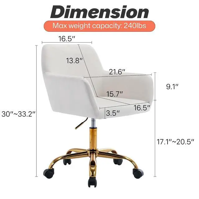 Alt view image 3 of 7 - Velvet Office Desk Chair, Comfy Swivel Modern Leisure Armchair with Wheels, Upholstered Comfy Velvet Fabric Makeup Chair Height Adjustable for Teens Women Girls Elegant Home Office, White