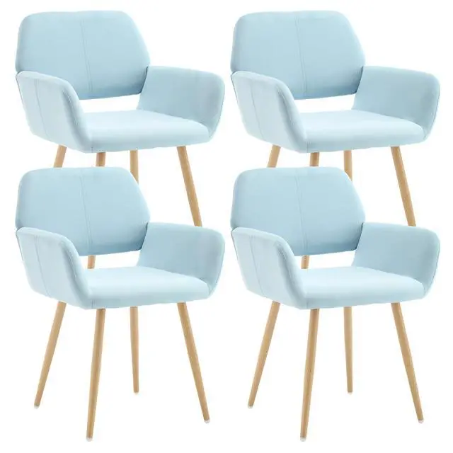 Main image of Small Modern Dining Room Arm Chairs Set of 4, Mid-Century Upholstered Velvet Side Seat Club Guest with Metal Tube Legs for Kitchen, Living Room, Blue