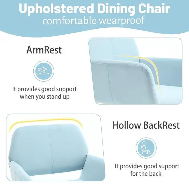 Alt view image 5 of 7 - Small Modern Dining Room Arm Chairs Set of 4, Mid-Century Upholstered Velvet Side Seat Club Guest with Metal Tube Legs for Kitchen, Living Room, Blue