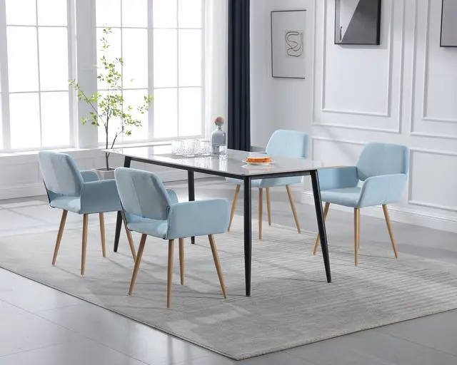 Alt view image 4 of 7 - Small Modern Dining Room Arm Chairs Set of 4, Mid-Century Upholstered Velvet Side Seat Club Guest with Metal Tube Legs for Kitchen, Living Room, Blue