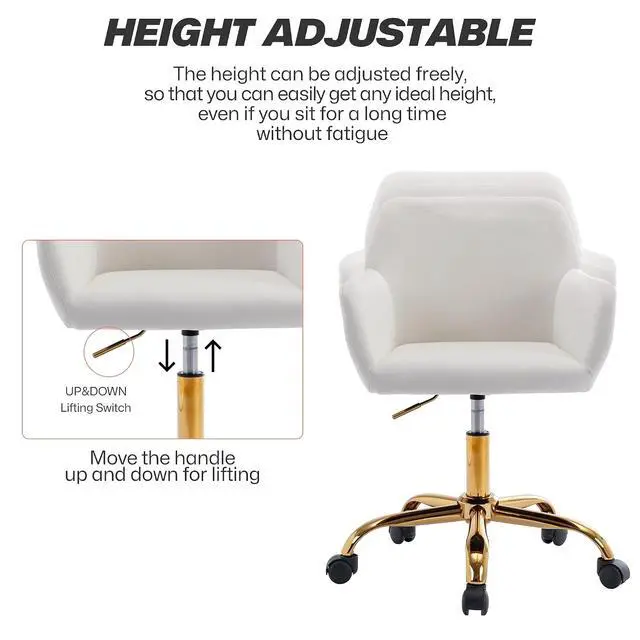 Alt view image 4 of 7 - Velvet Office Desk Chair, Comfy Swivel Modern Leisure Armchair with Wheels, Upholstered Comfy Velvet Fabric Makeup Chair Height Adjustable for Teens Women Girls Elegant Home Office, White