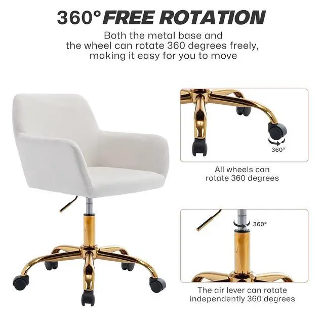 Alt view image 5 of 7 - Velvet Office Desk Chair, Comfy Swivel Modern Leisure Armchair with Wheels, Upholstered Comfy Velvet Fabric Makeup Chair Height Adjustable for Teens Women Girls Elegant Home Office, White