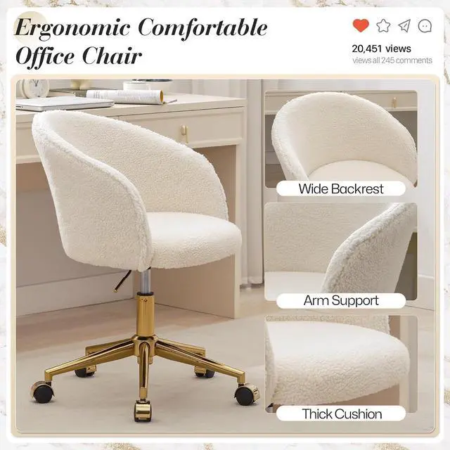 Alt view image 5 of 7 - Faux Fur Office Desk Chair, Comfy Fluffy Swivel Modern Leisure Armchair with Wheels, Upholstered Comfy Fuzzy Vanity Makeup Chair Height Adjustable for Teens Women Girls Elegant Home Office