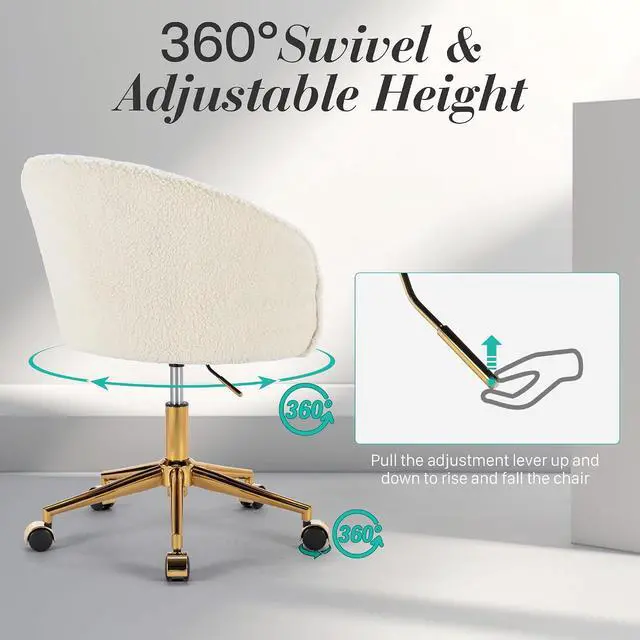 Alt view image 4 of 7 - Faux Fur Office Desk Chair, Comfy Fluffy Swivel Modern Leisure Armchair with Wheels, Upholstered Comfy Fuzzy Vanity Makeup Chair Height Adjustable for Teens Women Girls Elegant Home Office