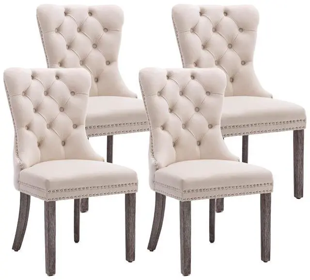 Main image of Velvet Dining Chairs Set of 4, Upholstered High-end Tufted Dining Room Chair with Nailhead Back Ring Pull Trim Solid Wood Legs, Nikki Collection Modern Style for Kitchen, Beige