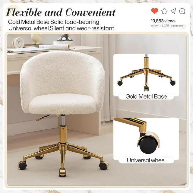 Alt view image 7 of 7 - Faux Fur Office Desk Chair, Comfy Fluffy Swivel Modern Leisure Armchair with Wheels, Upholstered Comfy Fuzzy Vanity Makeup Chair Height Adjustable for Teens Women Girls Elegant Home Office