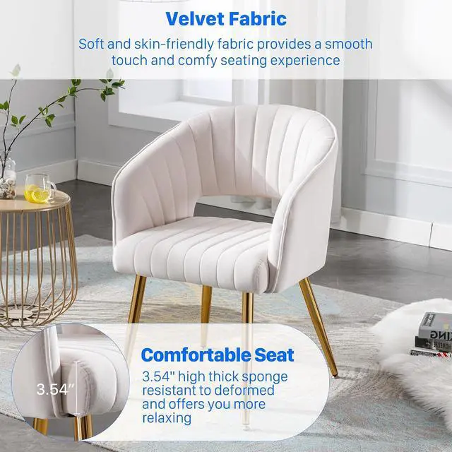 Alt view image 6 of 7 - Modern Velvet Desk Chair Accent Armchair Upholstered Tufted Chairs Dining Chairs, Tufted Vanity Chair Side Chairs with Gold Metal Legs for Dining Room Living Room Restaurant,1 PC &Cream
