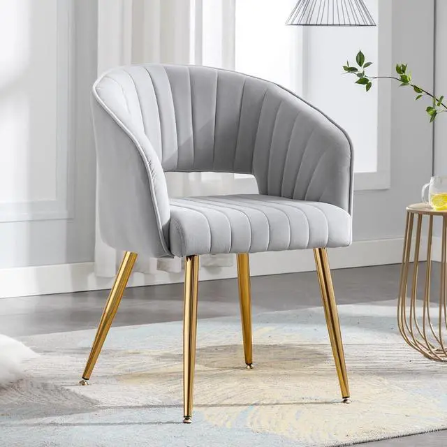 Alt view image 2 of 7 - Vanity Chair No Wheels Velvet Desk Chair Accent Armchair Upholstered Modern Tufted Chairs with Gold Legs for Girls Women Ergonomic Study Seat Computer Task Stools for Bedroom Living Room (Gray)