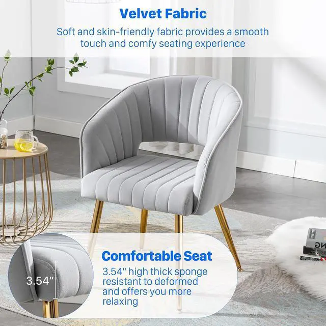 Alt view image 7 of 7 - Modern Velvet Desk Chair Accent Armchair Upholstered Tufted Chairs Dining Chairs, Tufted Vanity Chairs Side Chair with Gold Metal Legs for Dining Room Living Room Restaurant,1 PC & Light Gray