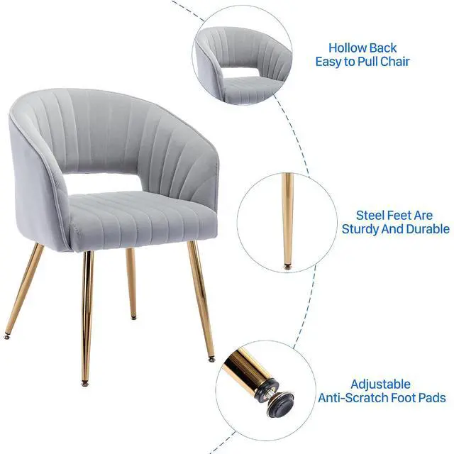 Alt view image 5 of 7 - Modern Velvet Desk Chair Accent Armchair Upholstered Tufted Chairs Dining Chairs, Tufted Vanity Chairs Side Chair with Gold Metal Legs for Dining Room Living Room Restaurant,1 PC & Light Gray