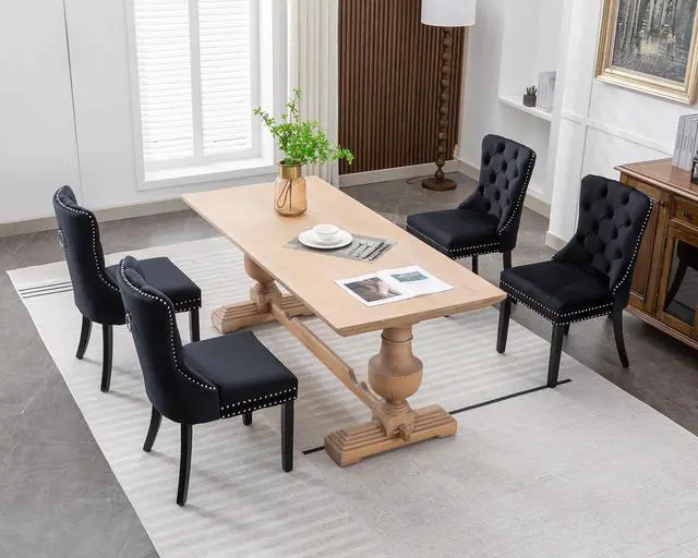 Alt view image 2 of 7 - Velvet Dining Chairs Set of 4, Upholstered High-end Tufted Dining Room Chair with Nailhead Back Ring Pull Trim Solid Wood Legs, Nikki Collection Modern Style for Kitchen, Black