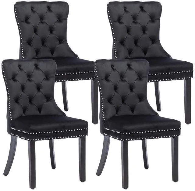 Main image of Velvet Dining Chairs Set of 4, Upholstered High-end Tufted Dining Room Chair with Nailhead Back Ring Pull Trim Solid Wood Legs, Nikki Collection Modern Style for Kitchen, Black