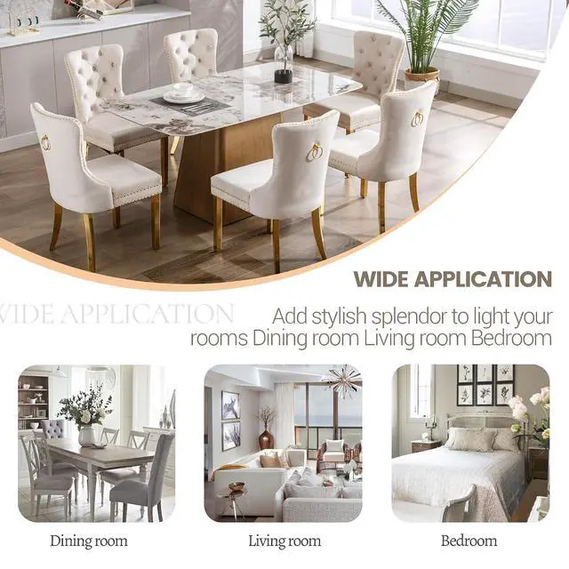 Alt view image 7 of 7 - Velvet Dining Chairs Set of 6, Upholstered High-end Tufted Dining Chair with Nailhead Back Ring Pull Trim Stainless Steel Legs, Contemporary Nikki Collection Modern Style for Kitchen, Beige