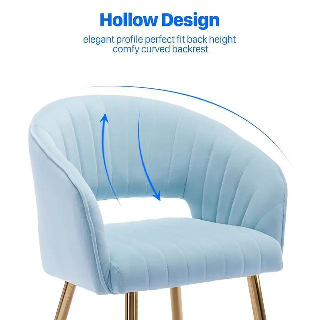 Alt view image 5 of 7 - Modern Accent Dining Chairs Set of 2, Upholstered Velvet Dining Room Chairs with Hollow Back, Tufted Kitchen Chairs Side Chair with Gold Metal Legs for Living Room Restaurant, Baby Blue