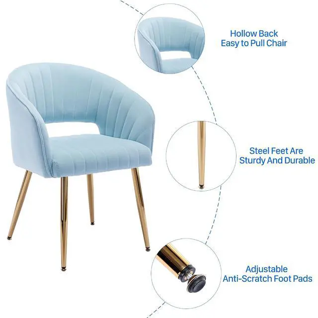 Alt view image 7 of 7 - Modern Accent Dining Chairs Set of 2, Upholstered Velvet Dining Room Chairs with Hollow Back, Tufted Kitchen Chairs Side Chair with Gold Metal Legs for Living Room Restaurant, Baby Blue