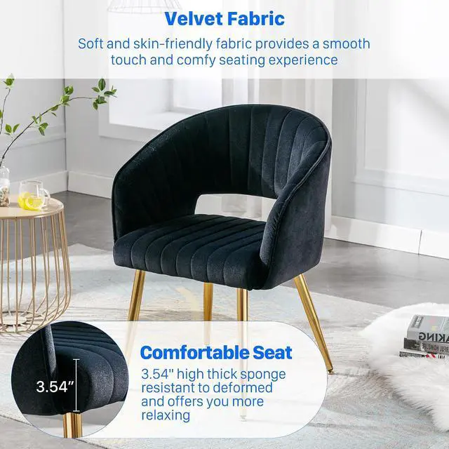 Alt view image 5 of 6 - Modern Velvet Desk Chair Accent Armchair Upholstered Tufted Chairs Dining Chairs, Tufted Vanity Chairs Side Chairs with Gold Metal Legs for Dining Room Living Room Restaurant, 1 PC & Black