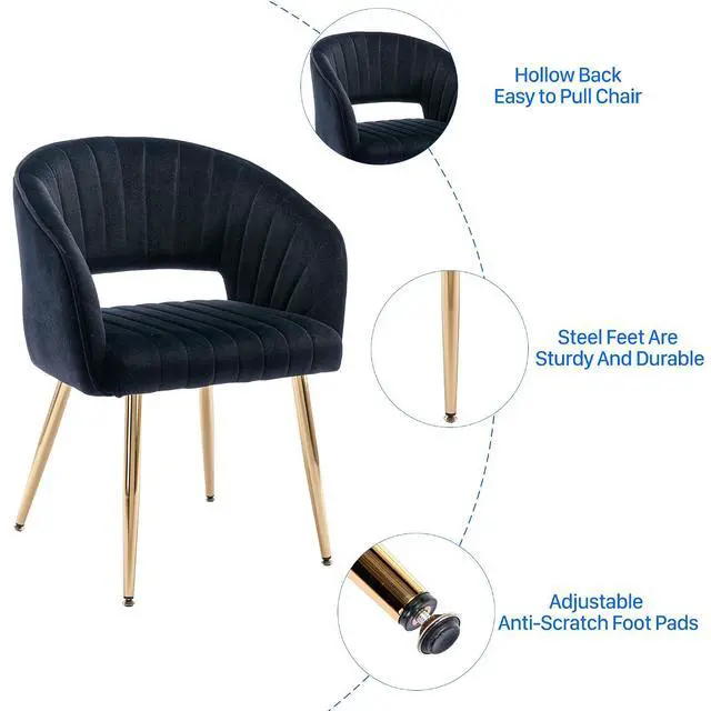 Alt view image 6 of 6 - Modern Velvet Desk Chair Accent Armchair Upholstered Tufted Chairs Dining Chairs, Tufted Vanity Chairs Side Chairs with Gold Metal Legs for Dining Room Living Room Restaurant, 1 PC & Black