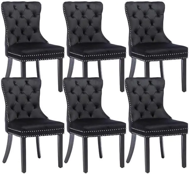 Main image of Velvet Dining Chairs Set of 6, Upholstered High-end Tufted Dining Room Chair with Nailhead Back Ring Pull Trim Solid Wood Legs, Nikki Collection Modern Style for Kitchen, Black