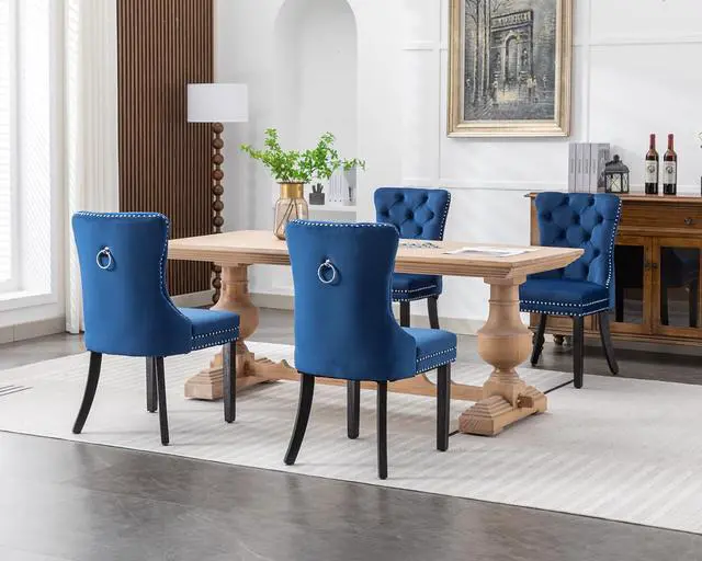 Alt view image 2 of 7 - Velvet Dining Chairs Set of 4, Upholstered High-end Tufted Dining Room Chair with Nailhead Back Ring Pull Trim Solid Wood Legs, Nikki Collection Modern Style for Kitchen, Blue