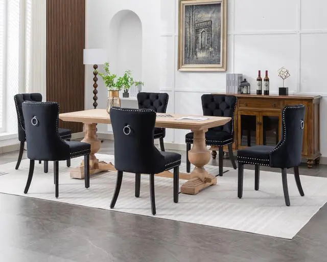 Alt view image 2 of 7 - Velvet Dining Chairs Set of 6, Upholstered High-end Tufted Dining Room Chair with Nailhead Back Ring Pull Trim Solid Wood Legs, Nikki Collection Modern Style for Kitchen, Black