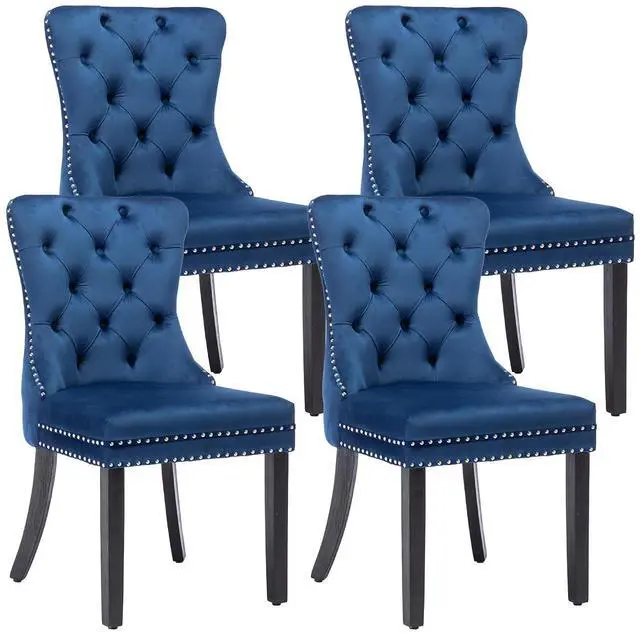 Main image of Velvet Dining Chairs Set of 4, Upholstered High-end Tufted Dining Room Chair with Nailhead Back Ring Pull Trim Solid Wood Legs, Nikki Collection Modern Style for Kitchen, Blue